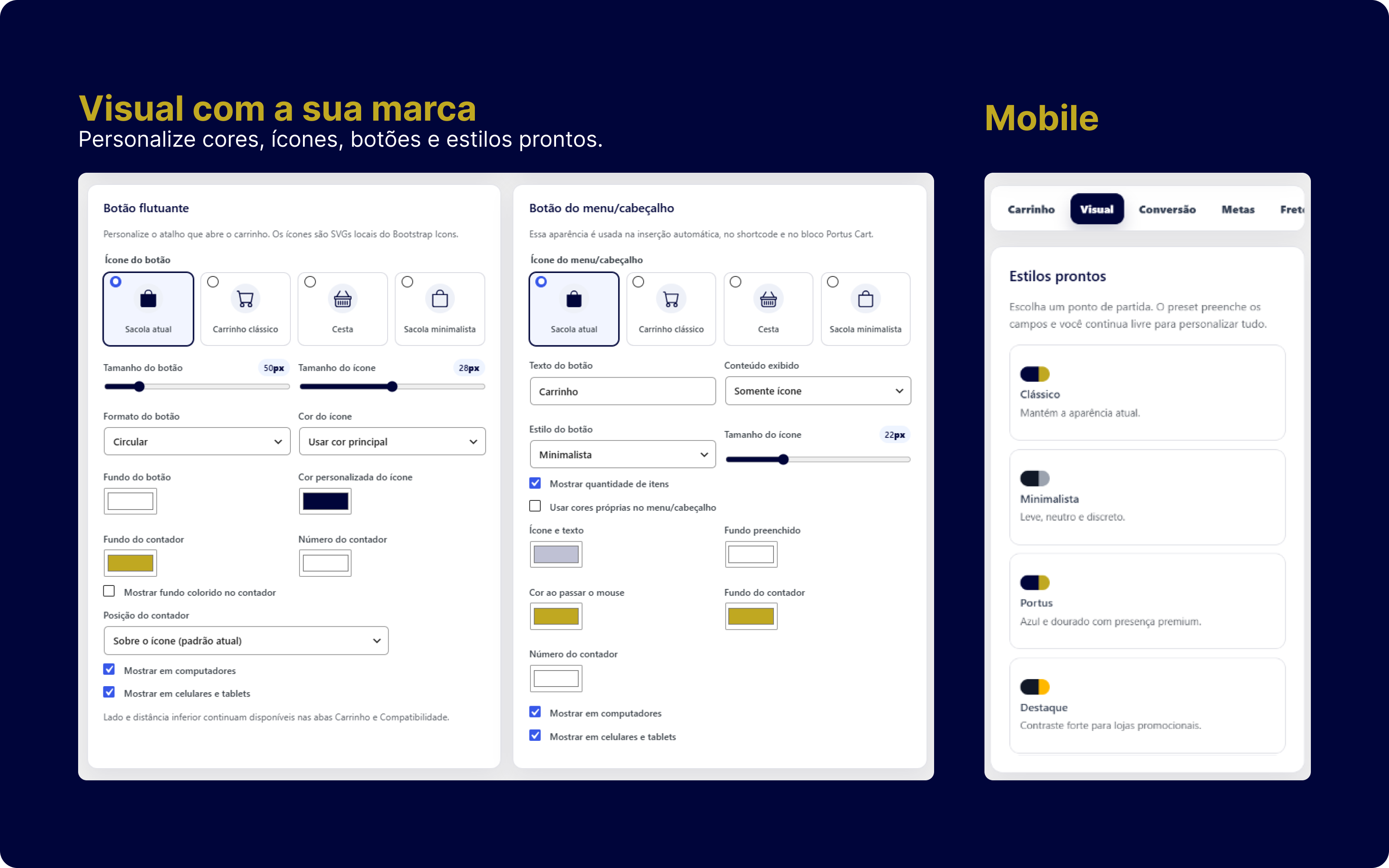 Personalização visual do botão flutuante, botão do cabeçalho e estilos mobile no Portus Cart Pro
