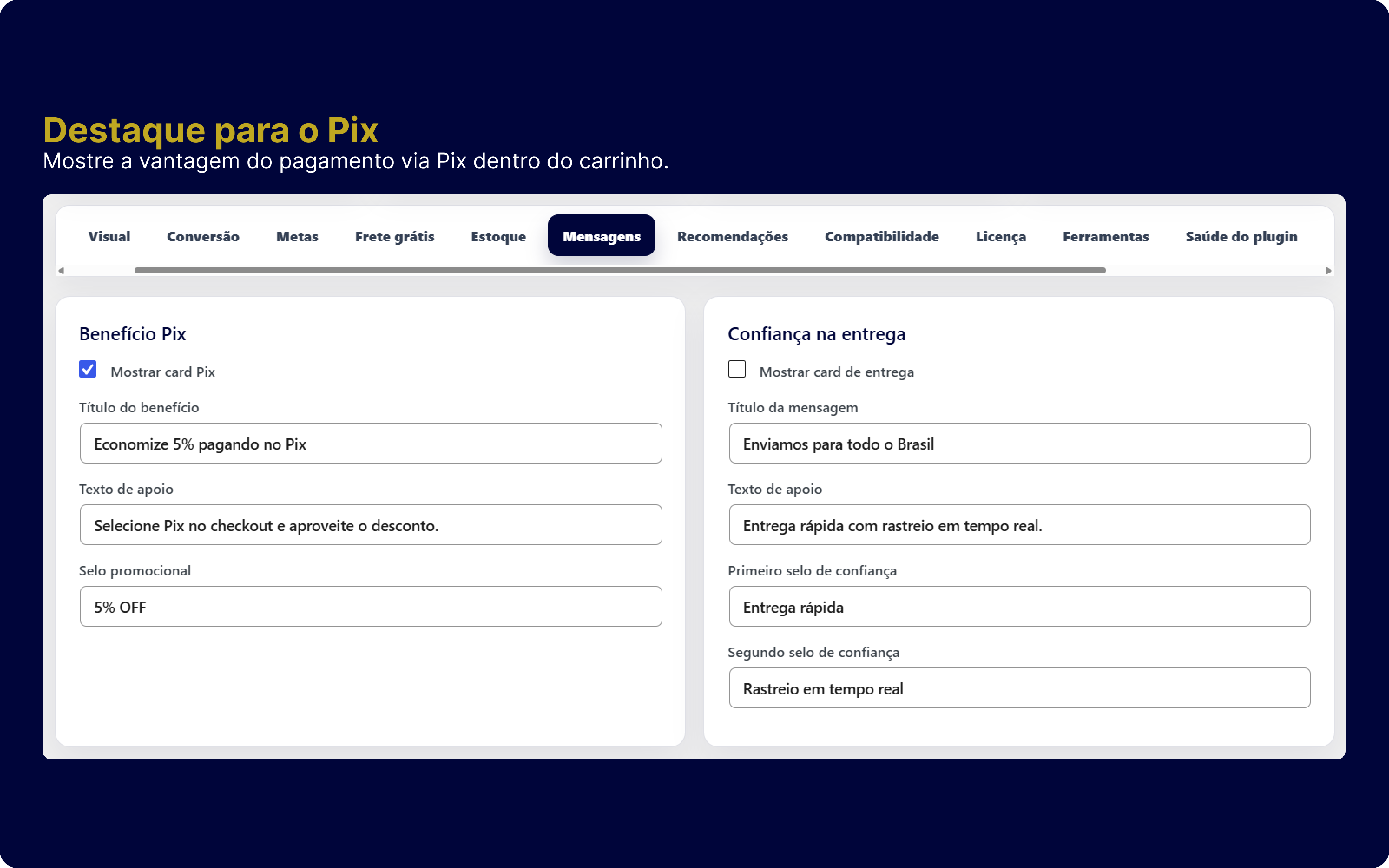 Configuração dos cards de benefício Pix e confiança na entrega no Portus Cart Pro