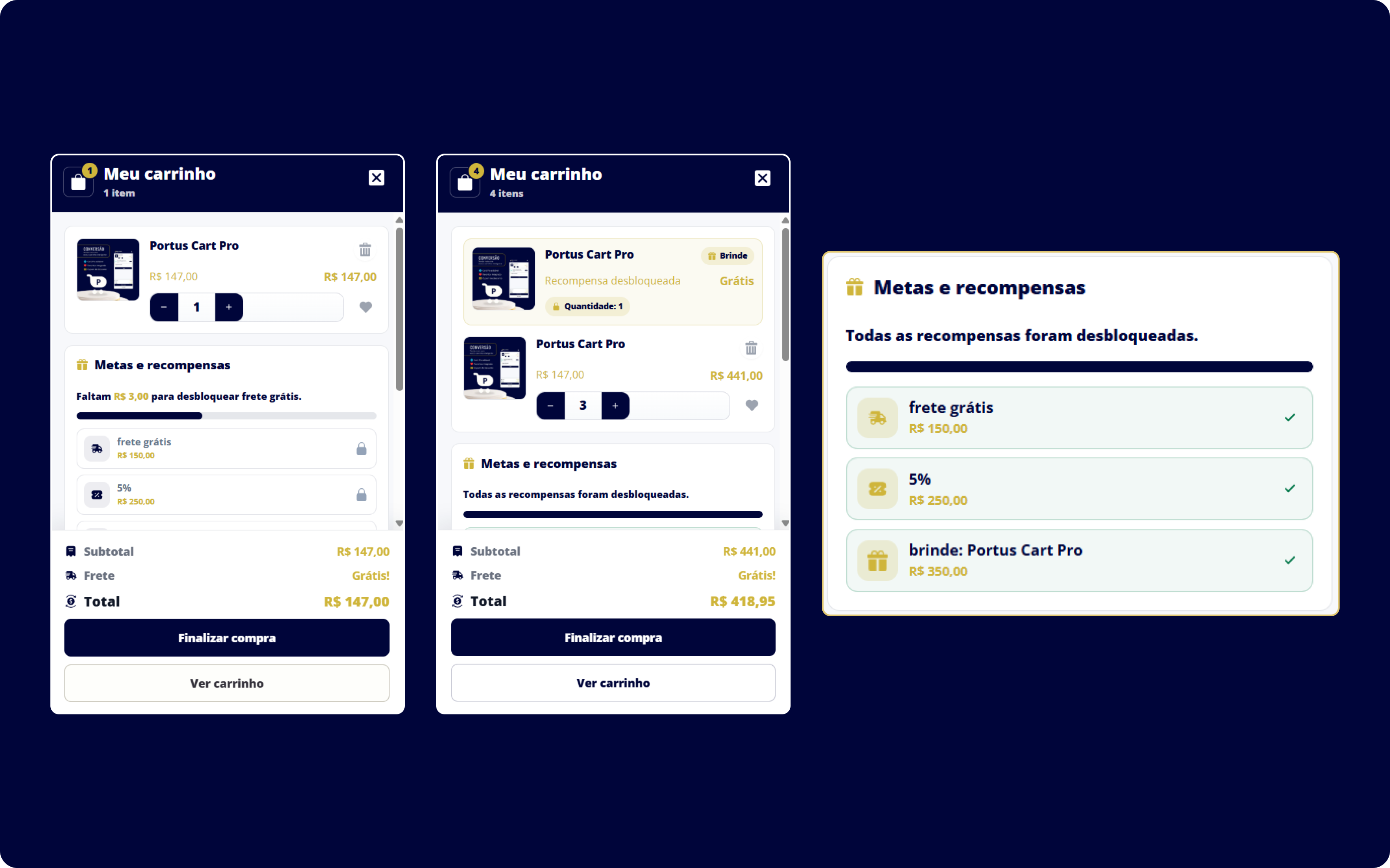 Portus Cart Pro no mobile mostrando o progresso e as recompensas das Metas Inteligentes